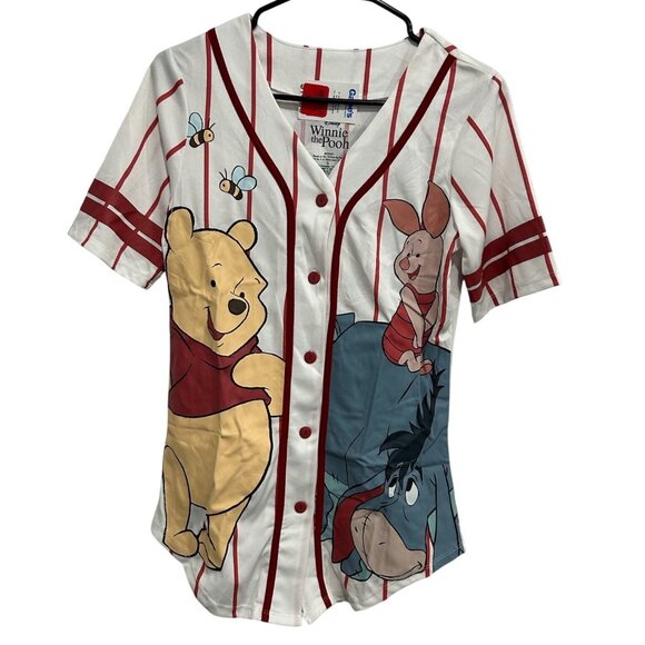 Disney Winnie The Pooh Baseball Style Button-Up Shirt Sz Small White Red - Picture 2 of 8